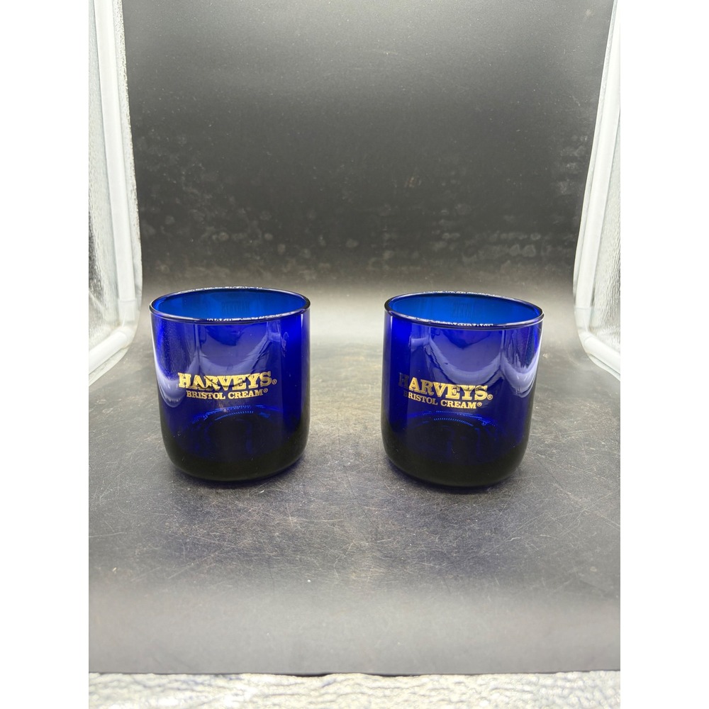 Harveys Bristol Cream Cobalt Blue Sherry Glasses Set of 2 Gold Logo Vintage